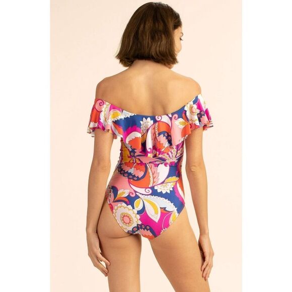 NWT Trina Turk Sevilla Ruffle Off Shoulder Pink Multicolor Swimsuit Size 6 - Picture 3 of 10
